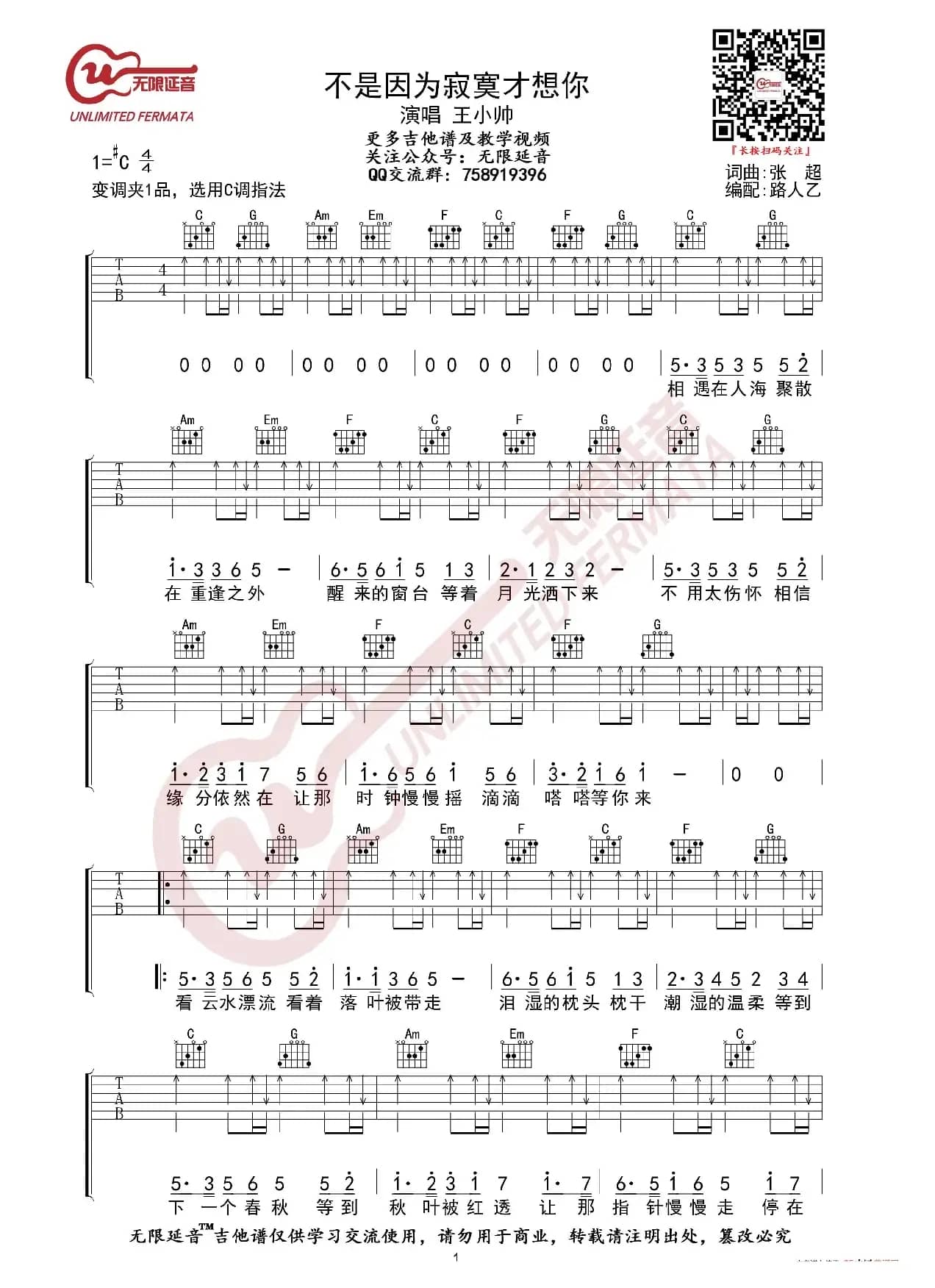 王小帅 不是因为寂寞才想你 吉他谱（无限延音编配）