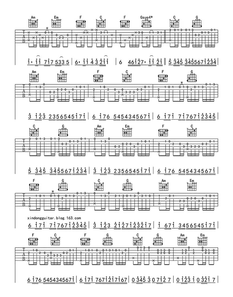 卡农(指弹版)（吉他六线谱）