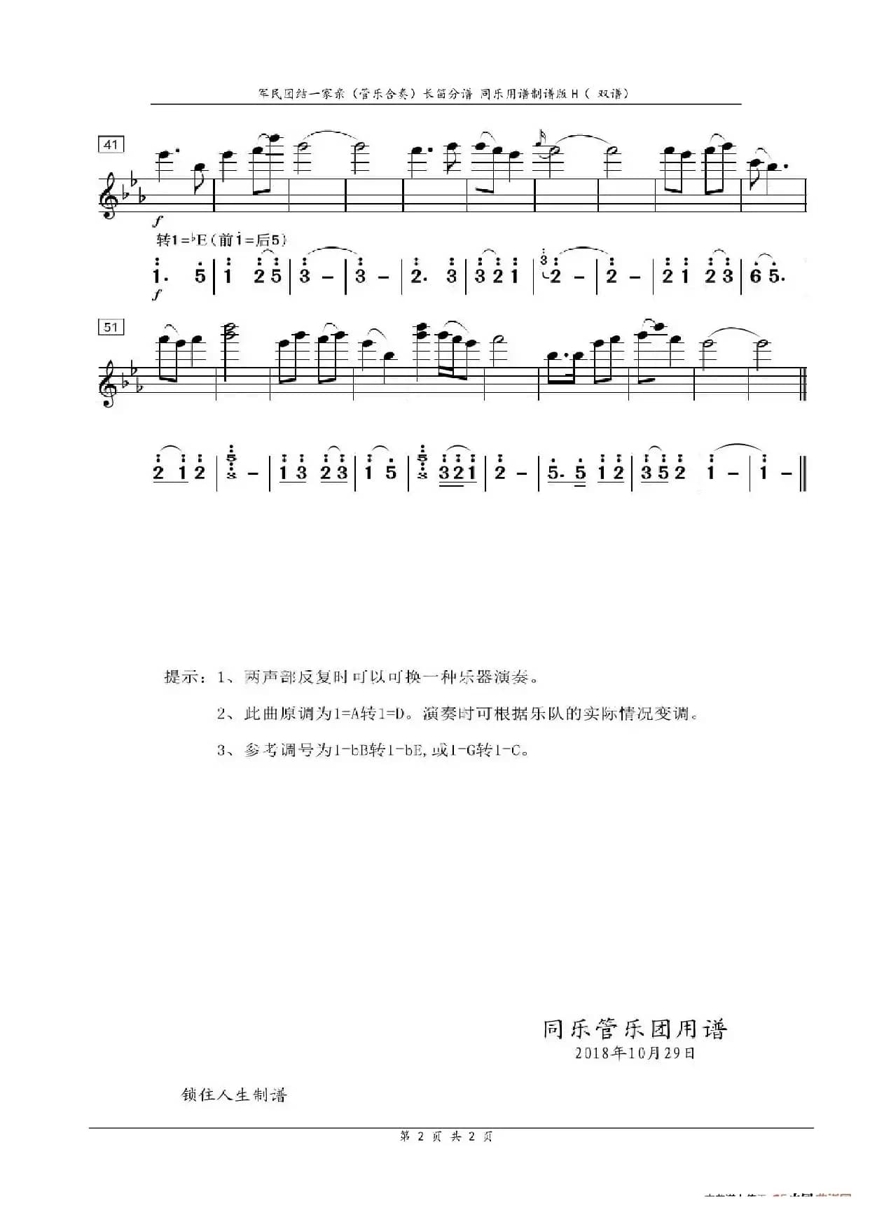 军民团结一家亲（管乐合奏）（长笛分谱）