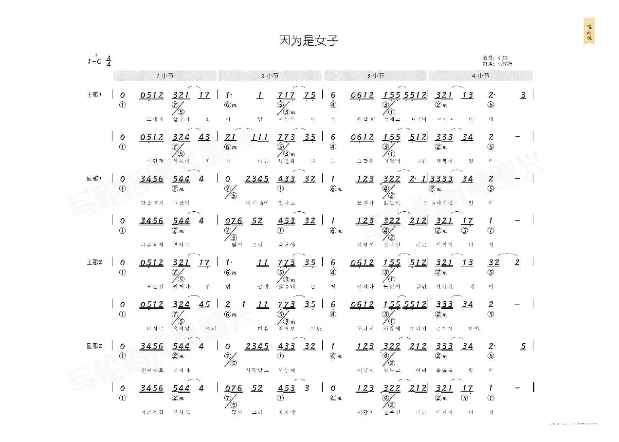 因为是女子（简和谱）