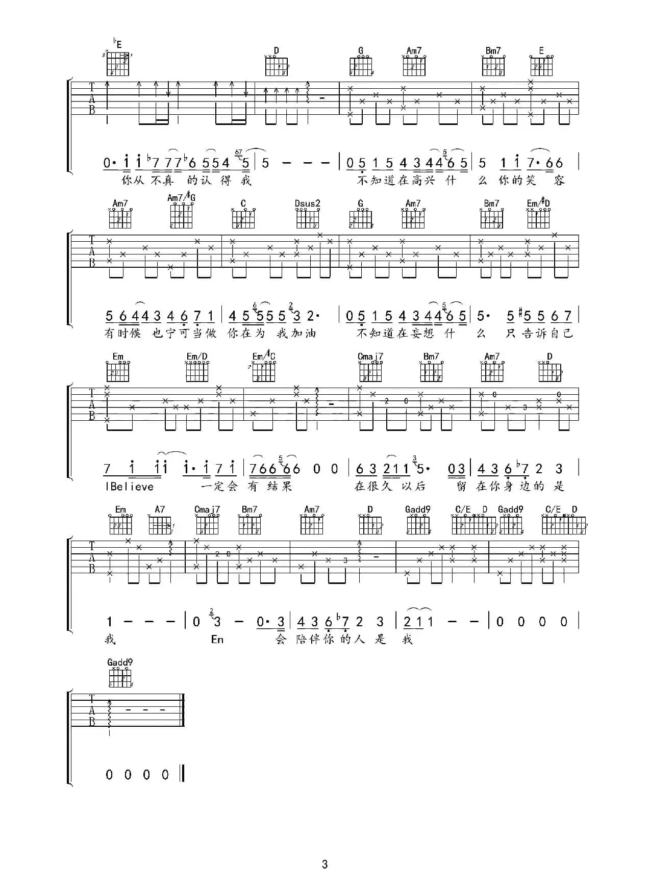 I believe（吉他六线谱）