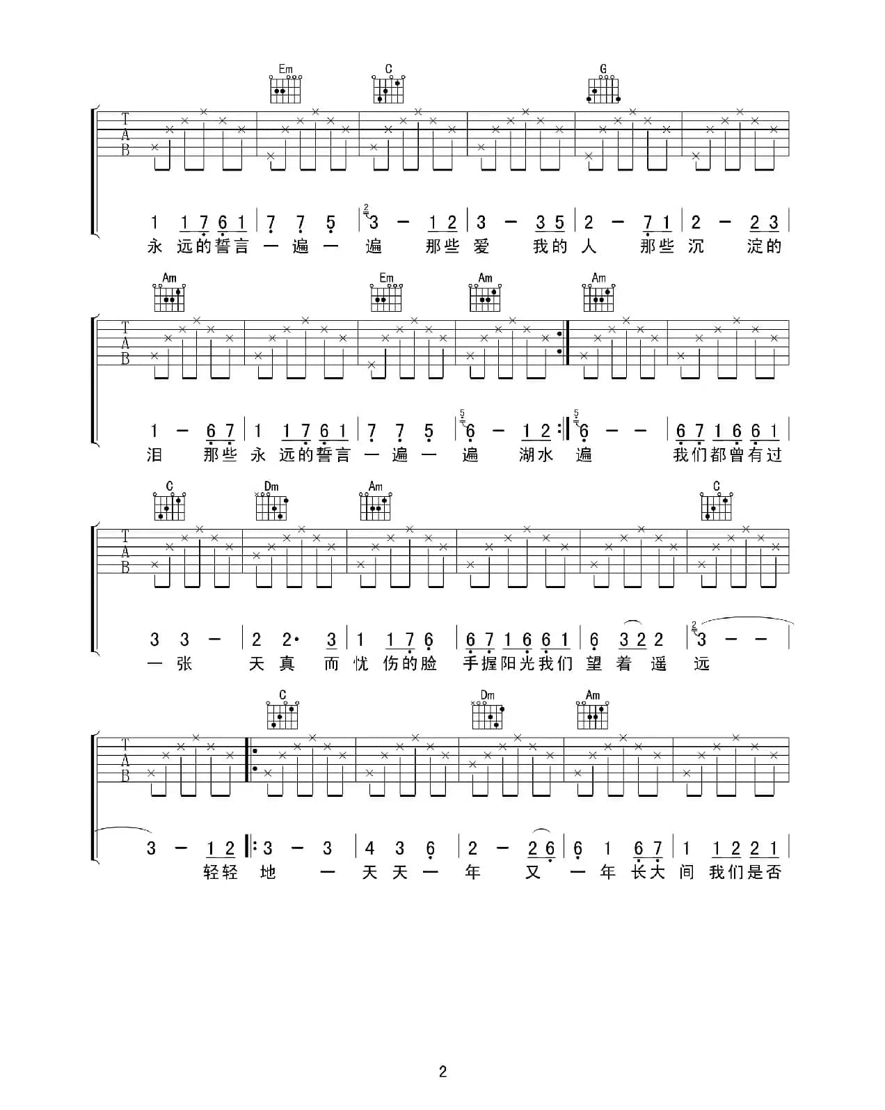 四个女生组合《心愿》高清吉他谱（吉他弹唱）