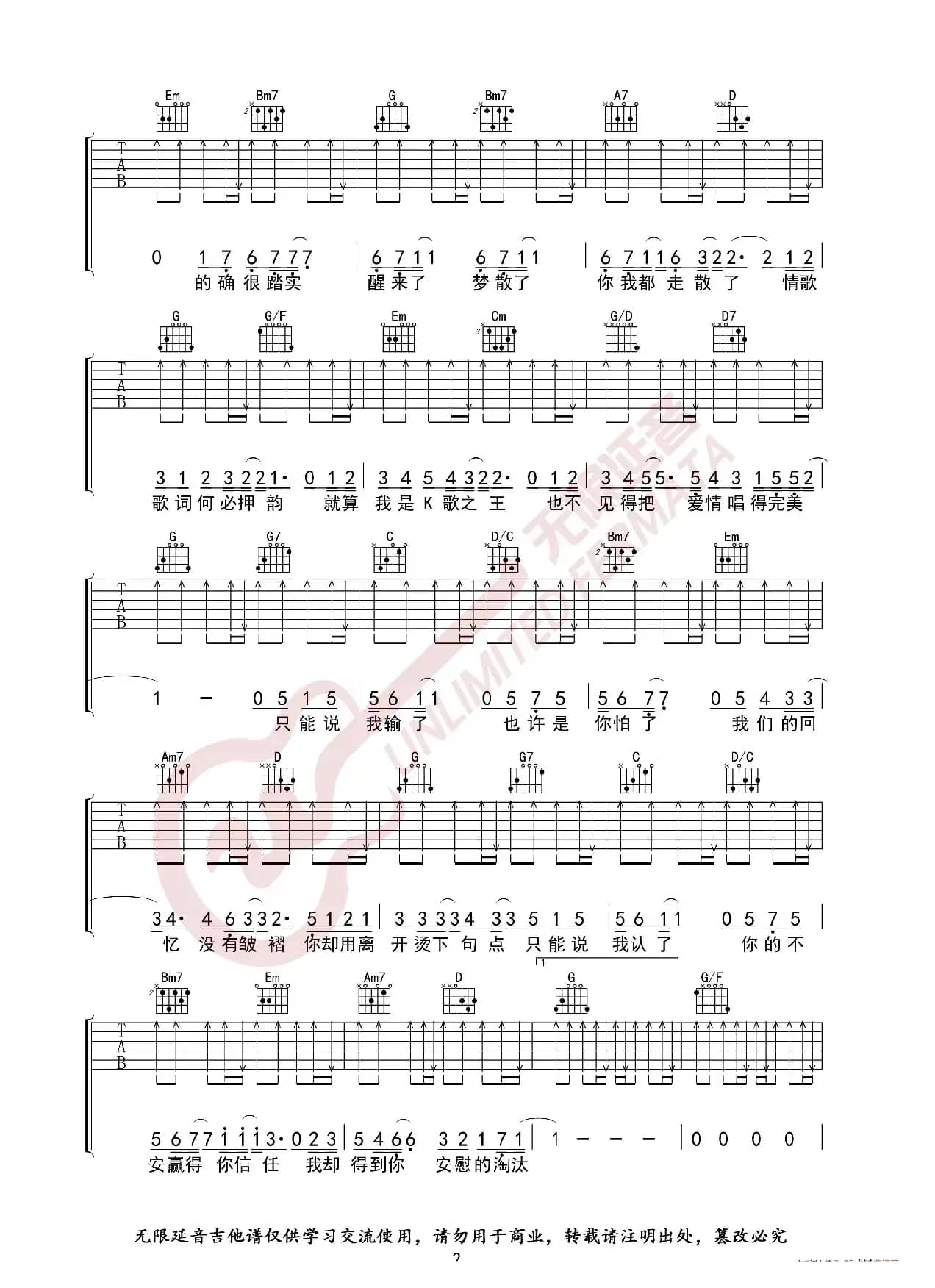 陈奕迅 淘汰 G调指法 吉他谱（无限延音编配）