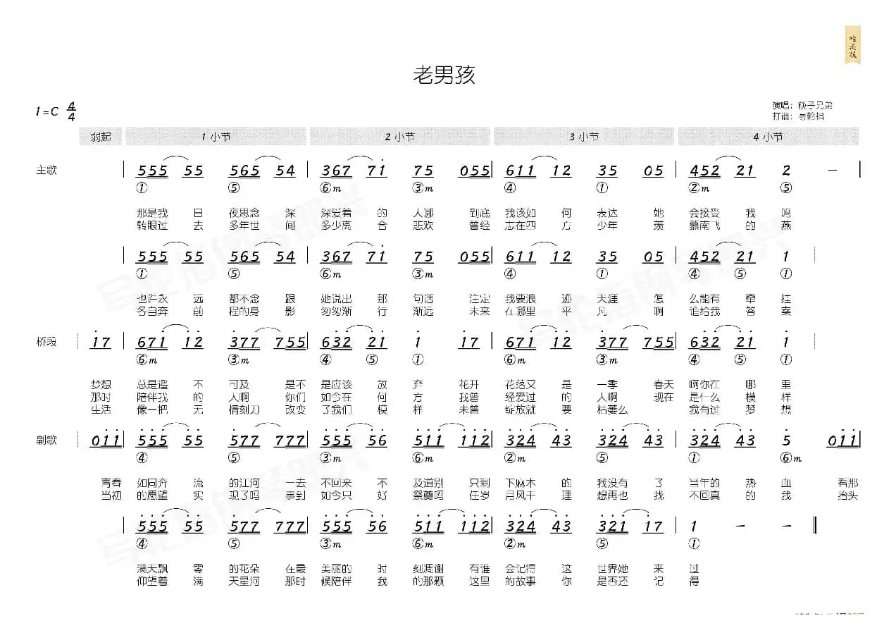 老男孩（简和谱）