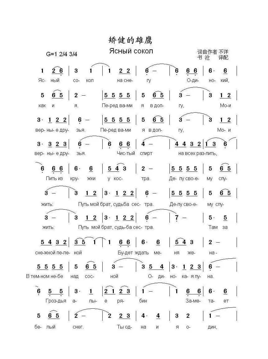 矫健的雄鹰Ясный сокол（中俄简谱）