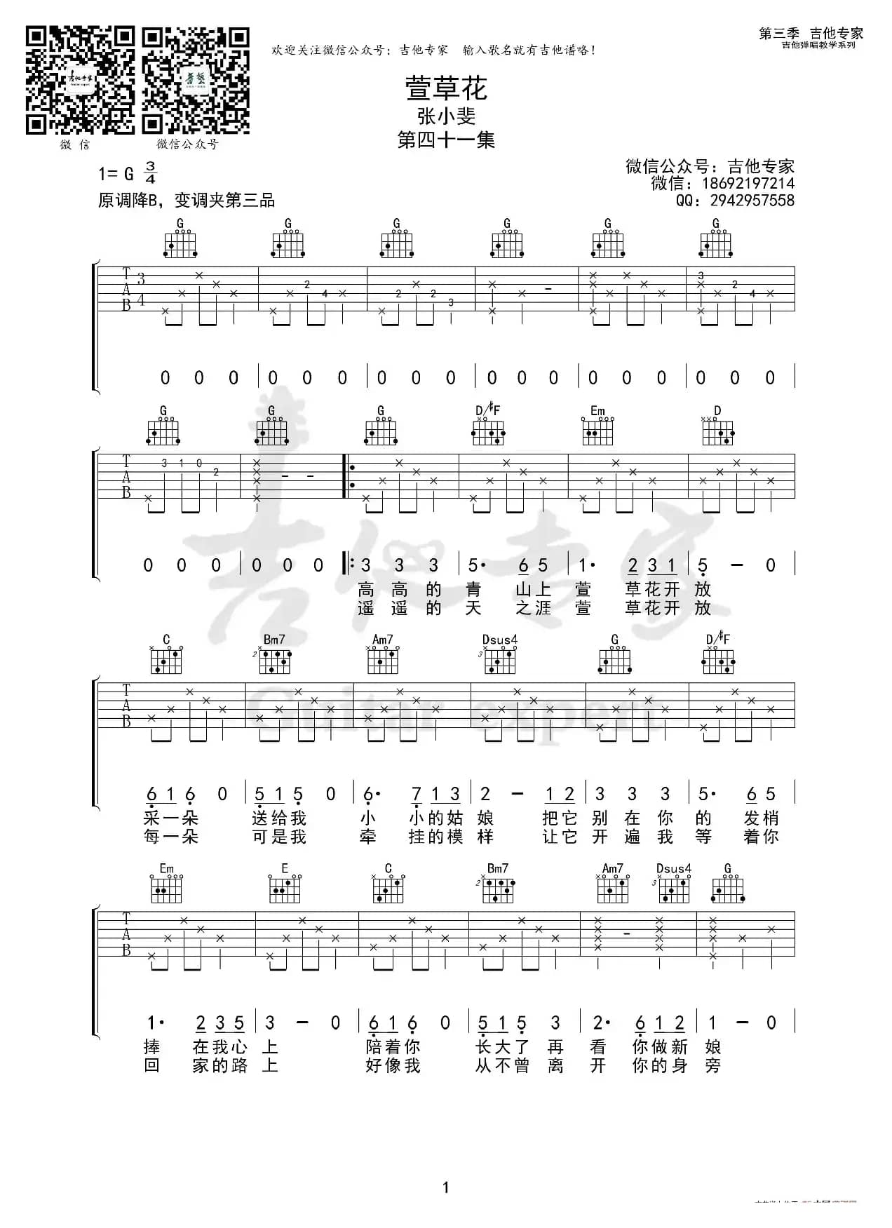 萱草花 原版吉他谱