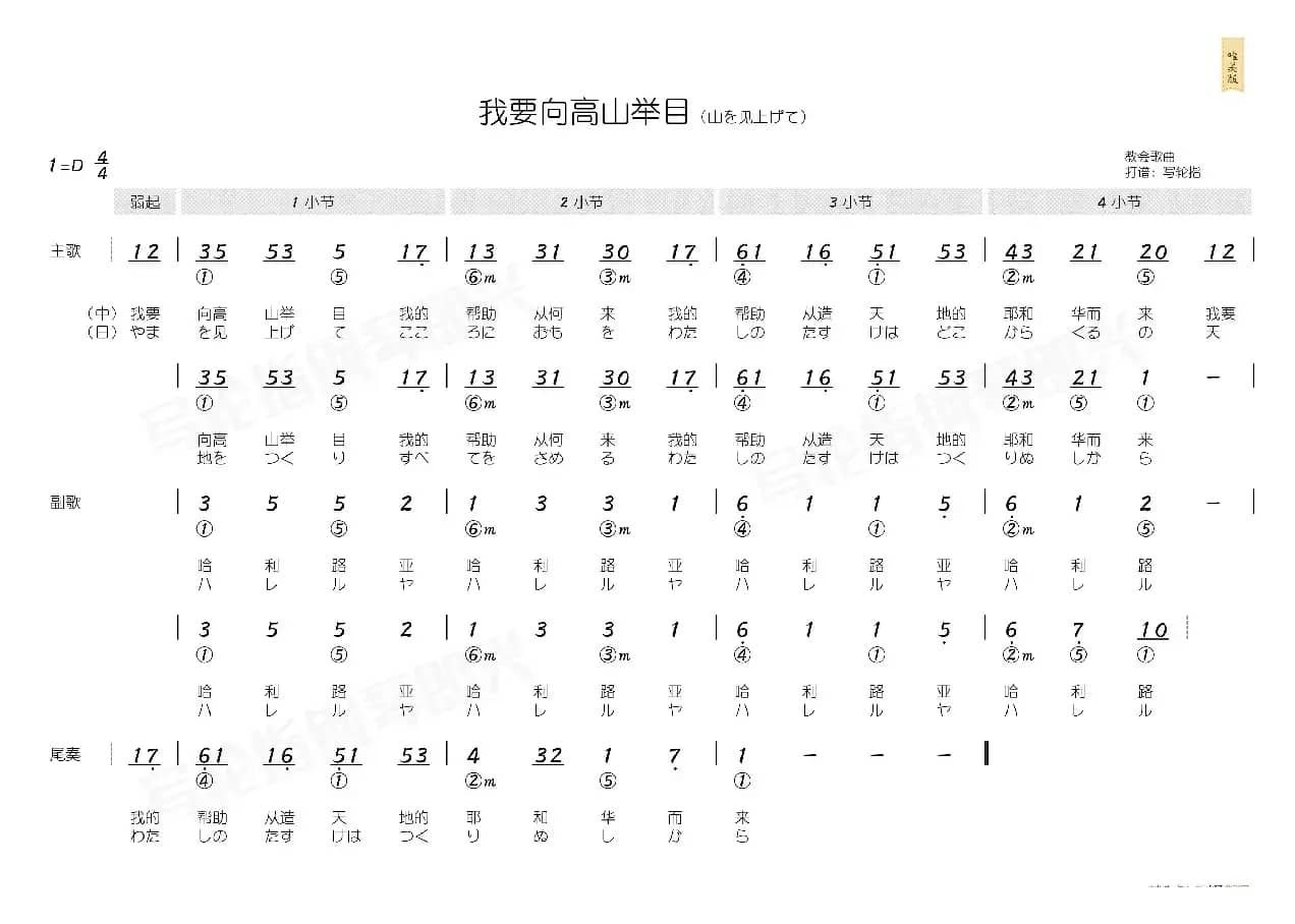 我要向高山举目（简和谱）