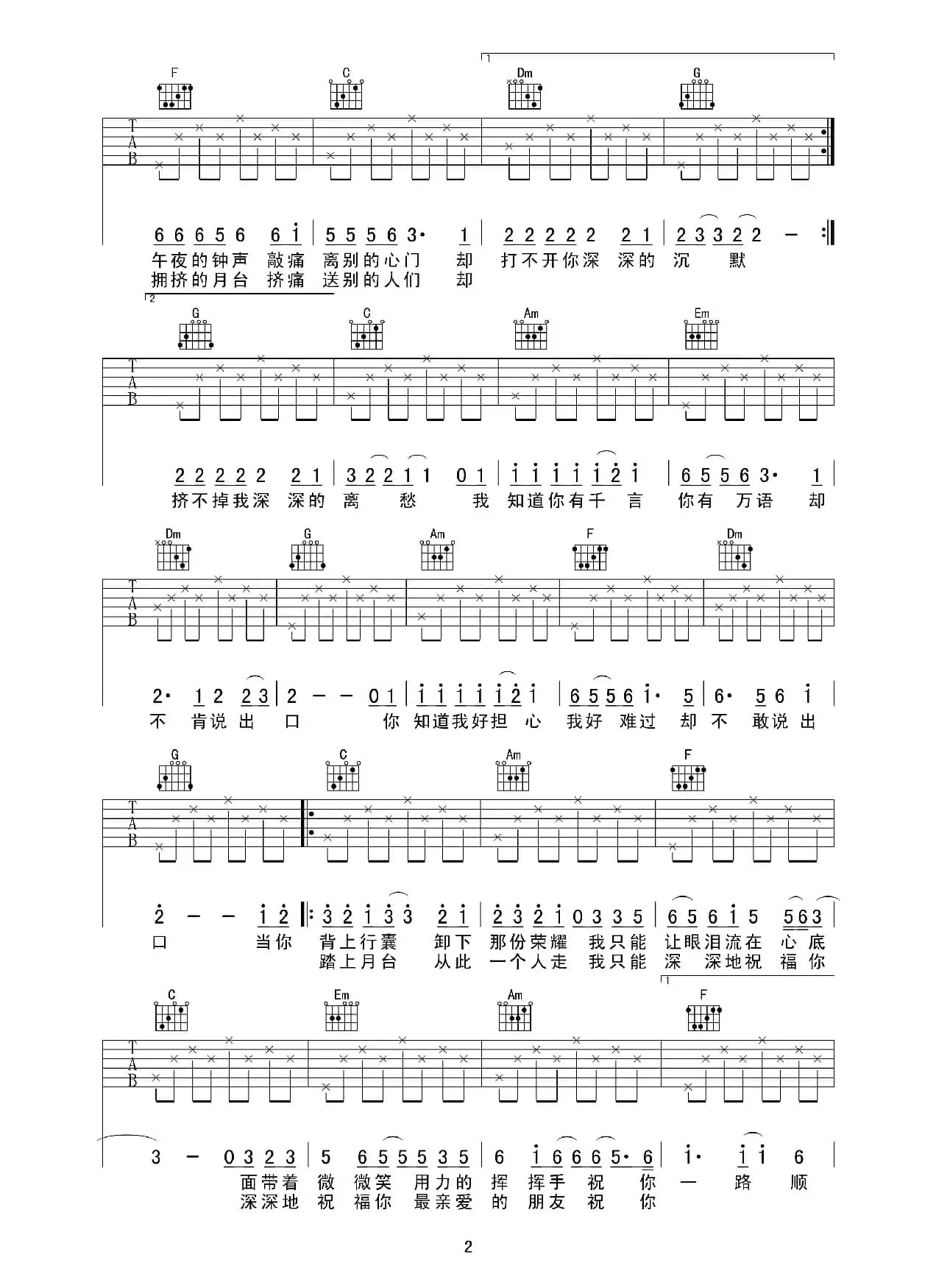 吴奇隆《祝你一路顺风》高清吉他谱（单吉他弹唱）
