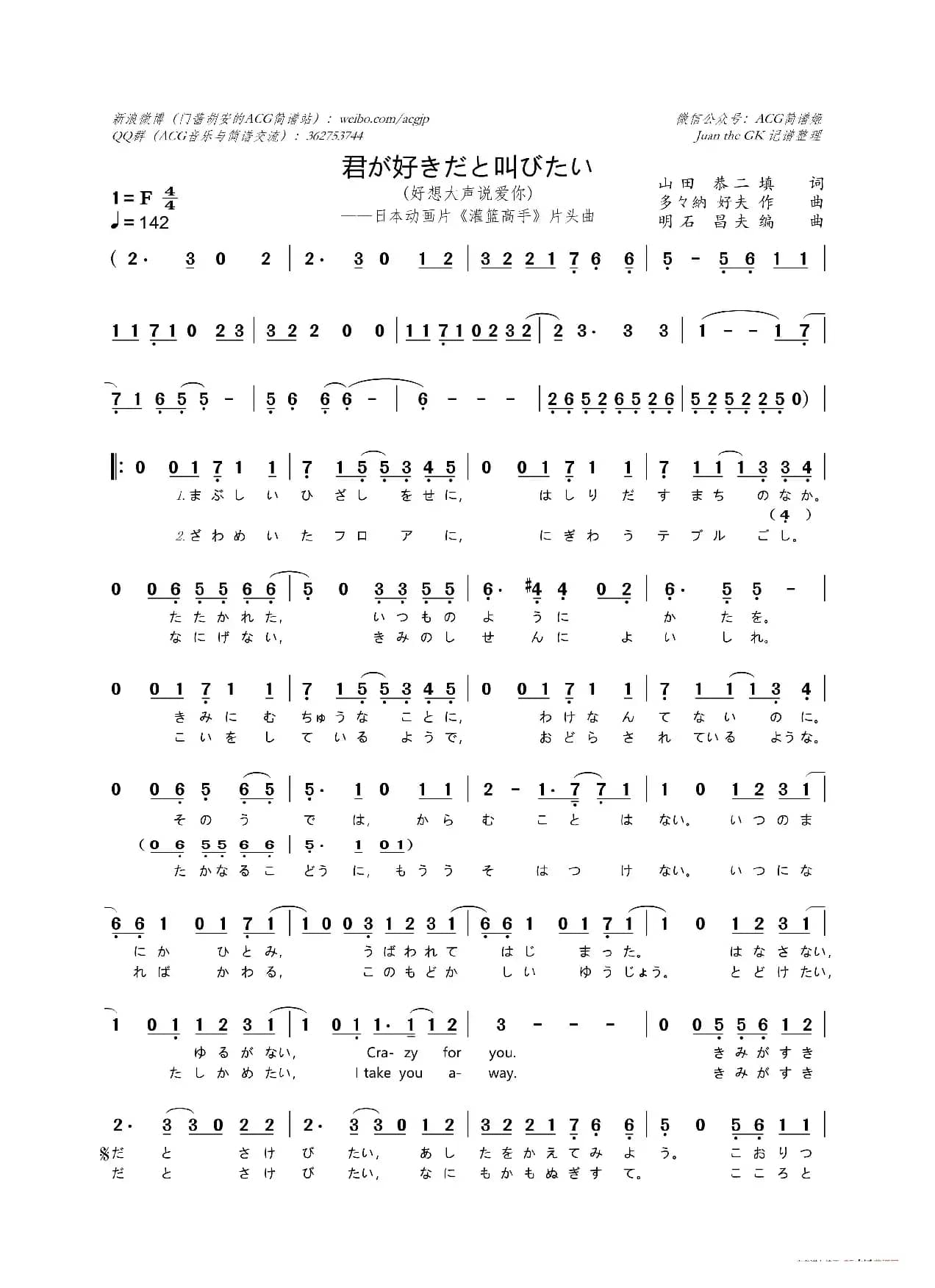 [日]君が好きだと叫びたい（想大声说喜欢你）（日本动画片《灌篮高手》片头曲）