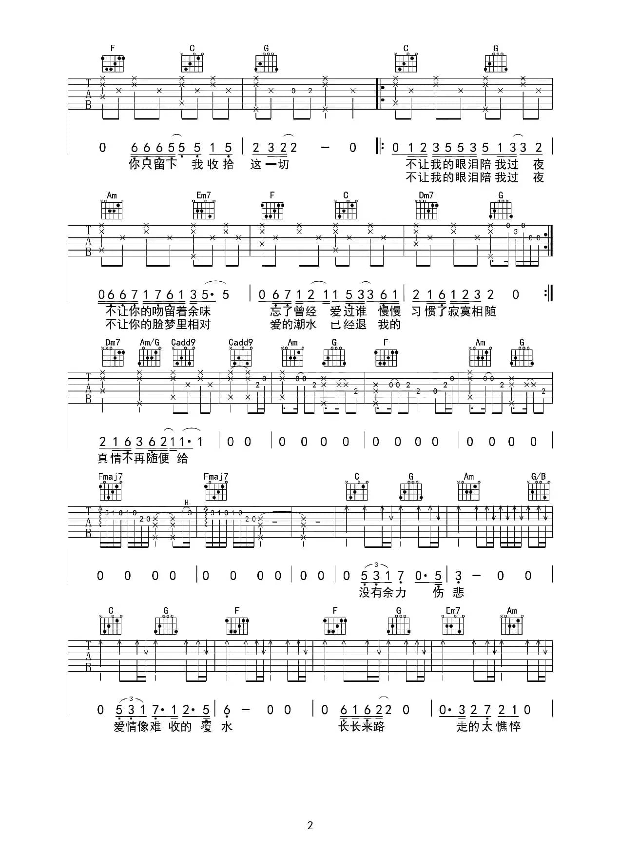 不让我的眼泪陪我过夜（吉他六线谱）