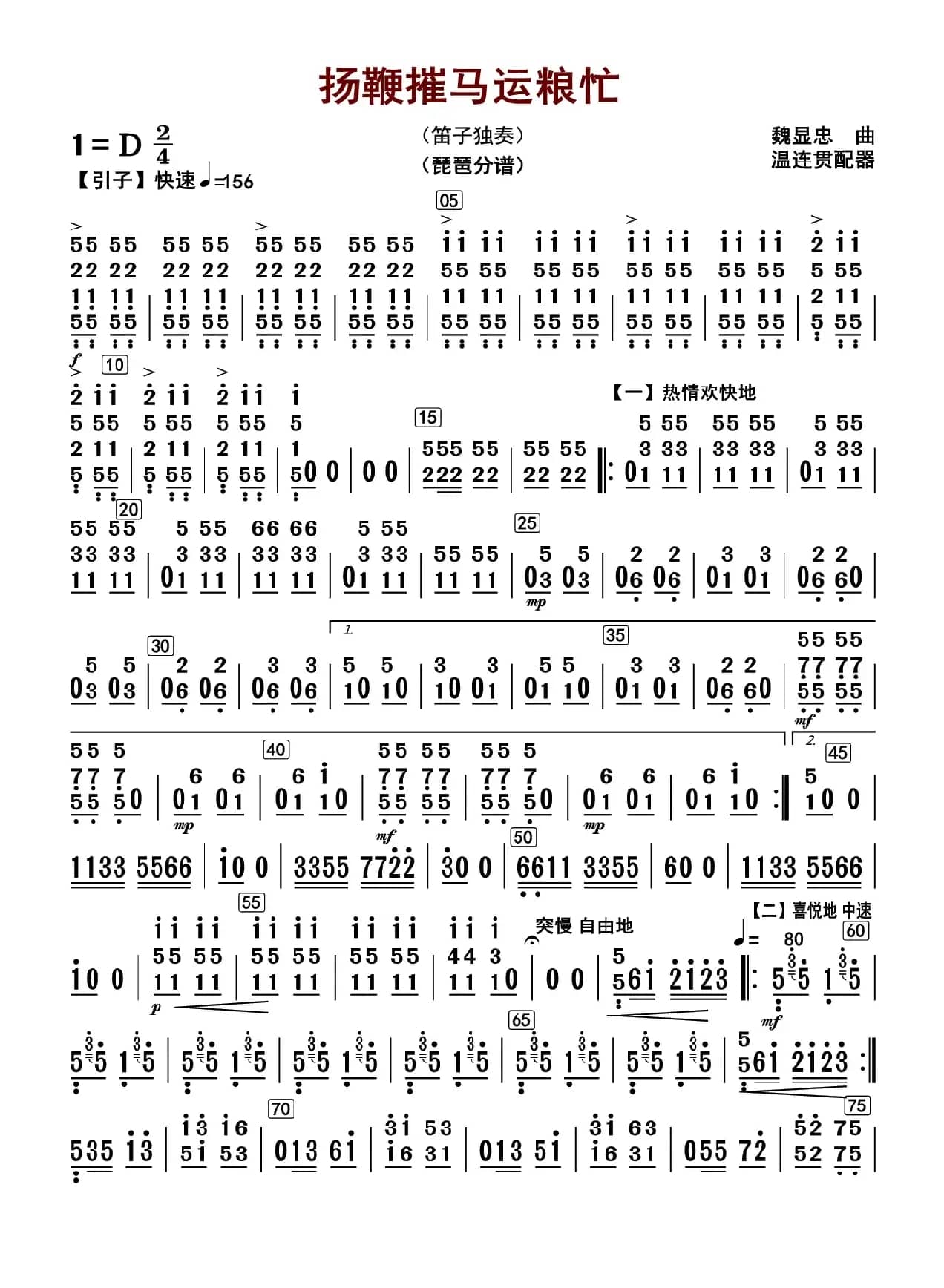 扬鞭摧马运粮忙（琵琶分谱）