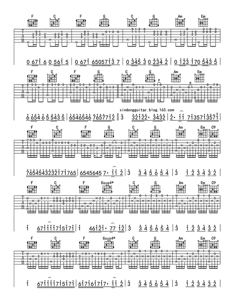 卡农(指弹版)（吉他六线谱）