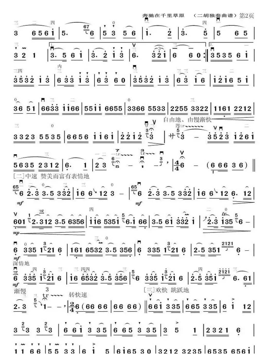 奔驰在千里草原（二胡曲谱）