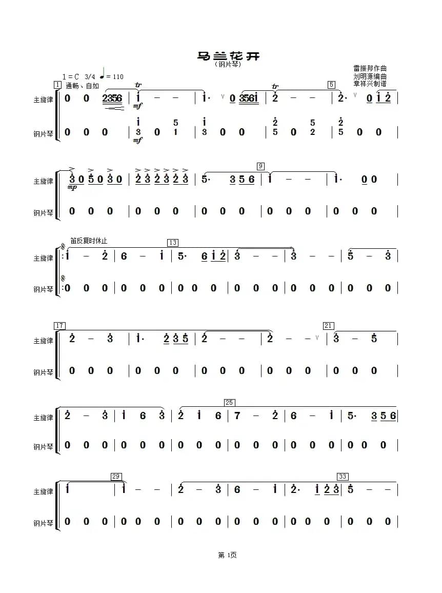 马兰花开（钢片琴分谱）