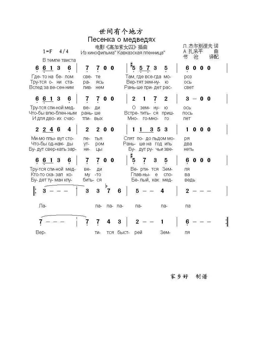 世间有个地方Песенка о медведях（中俄简谱）