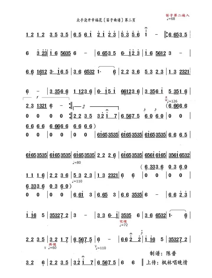 众手浇开幸福花（笛子曲谱）