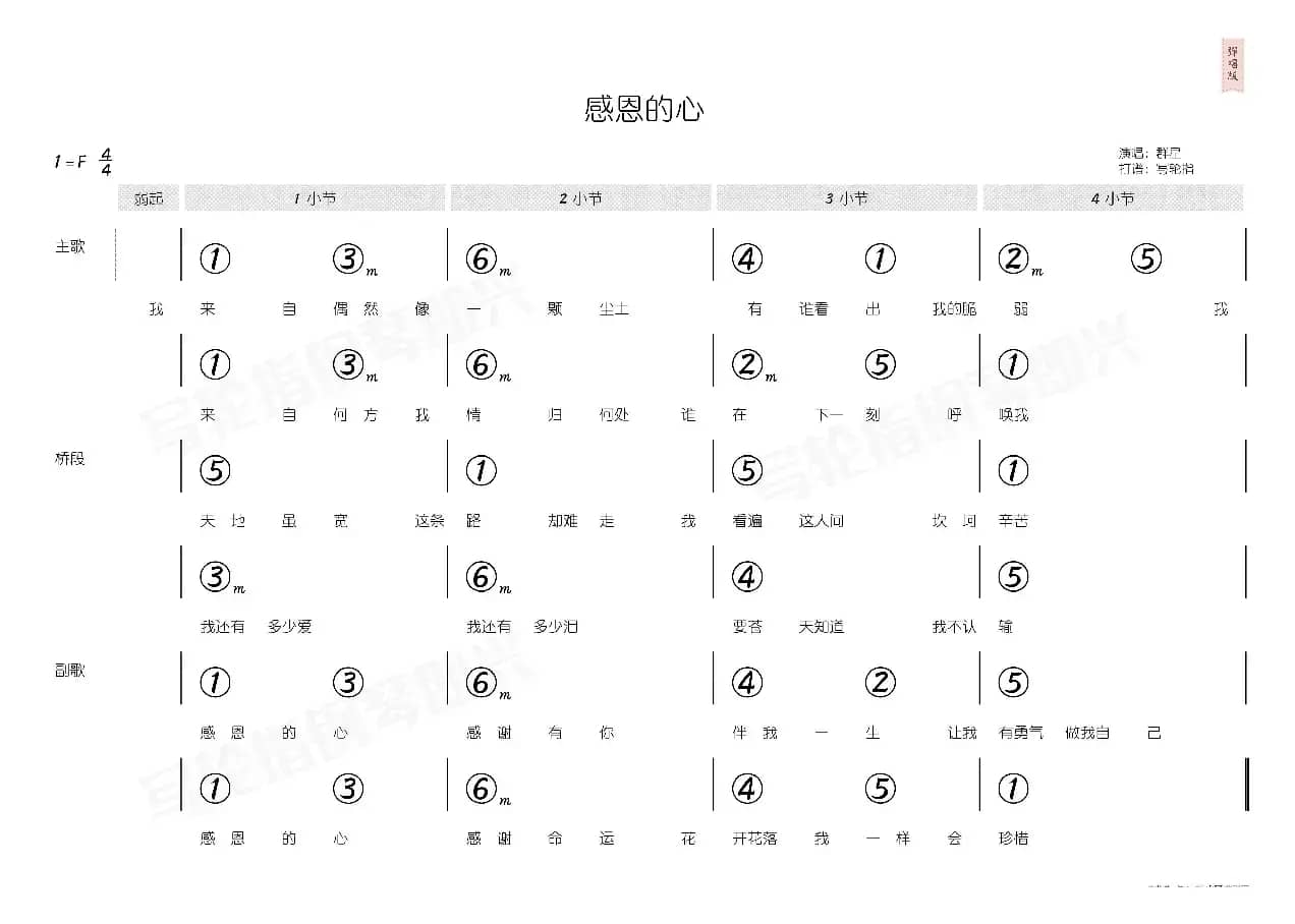感恩的心（简和谱）