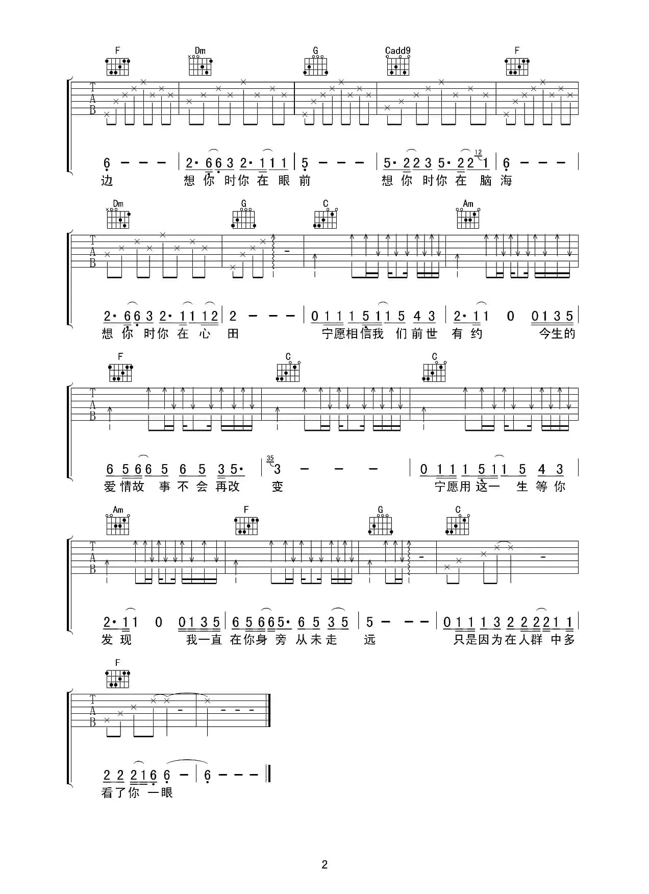 传奇（吉他六线谱）