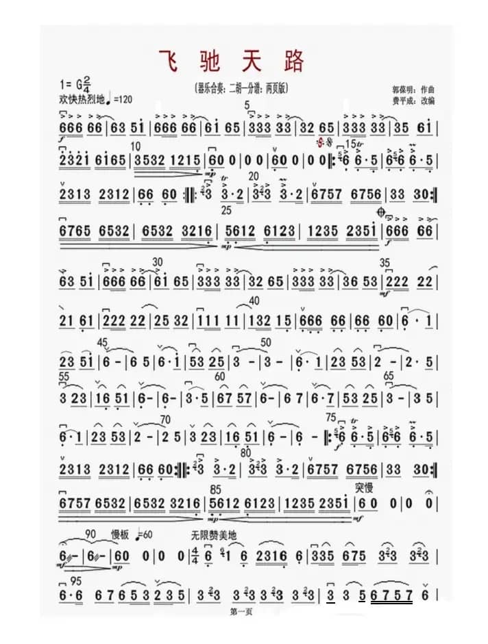 飞驰天路（器乐合奏：二胡（—）分谱：两页版）