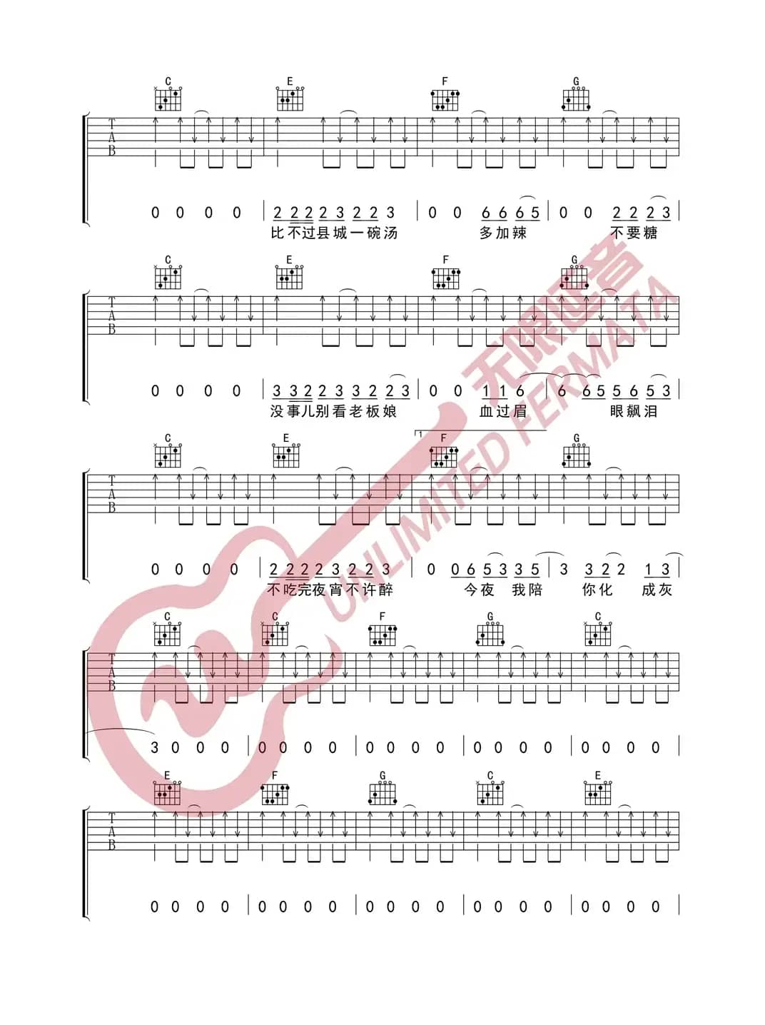 刘森 县城 吉他谱（无限延音编配）