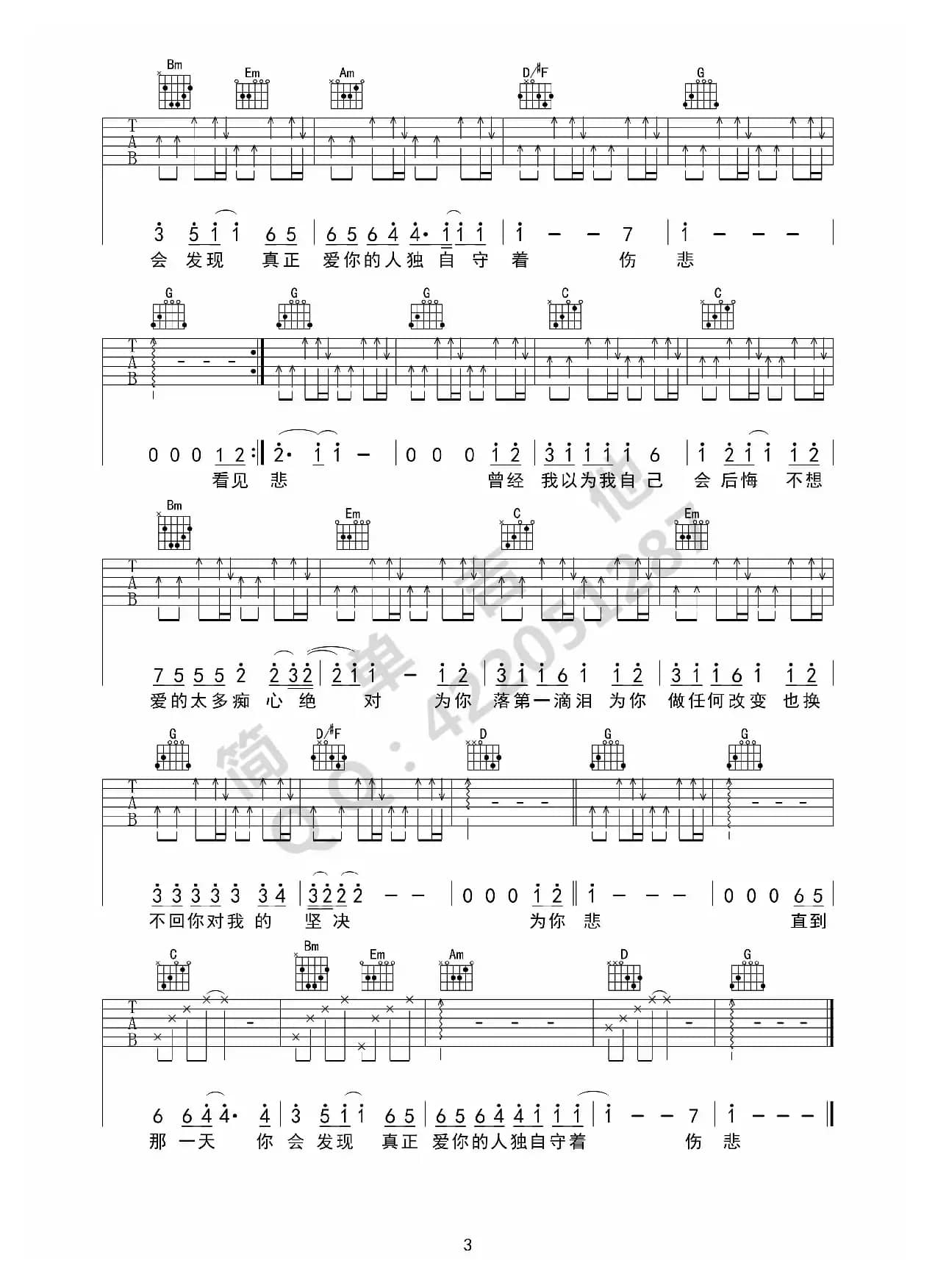 痴心绝对（吉他六线谱）