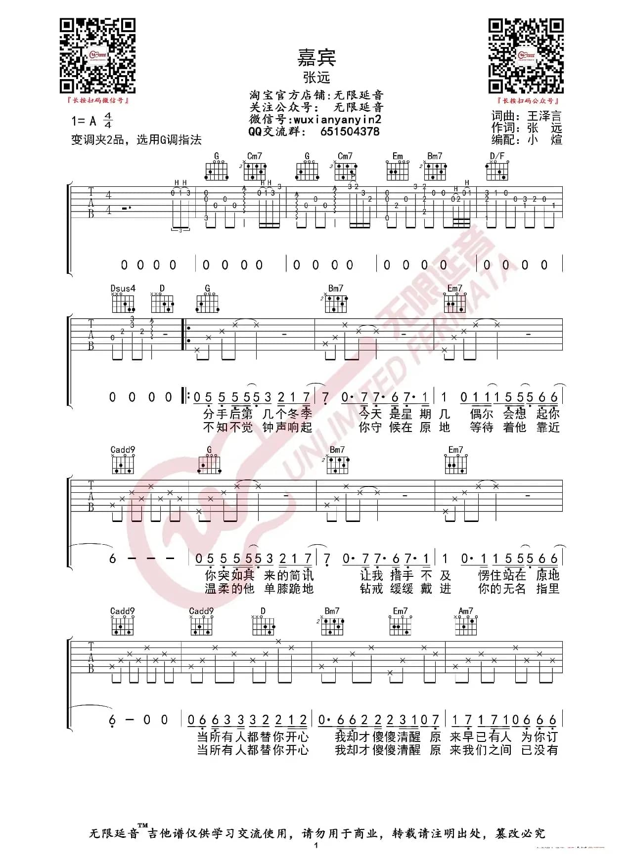 张远 嘉宾 吉他谱（无限延音编配）