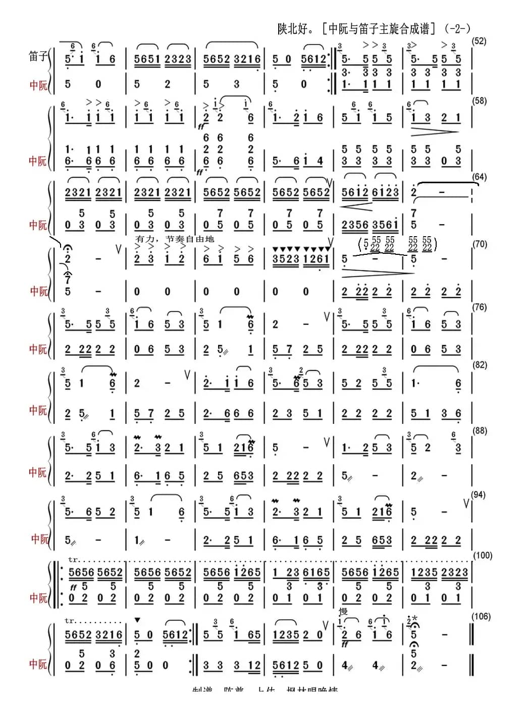 陕北好（中阮与笛子主旋合成谱）