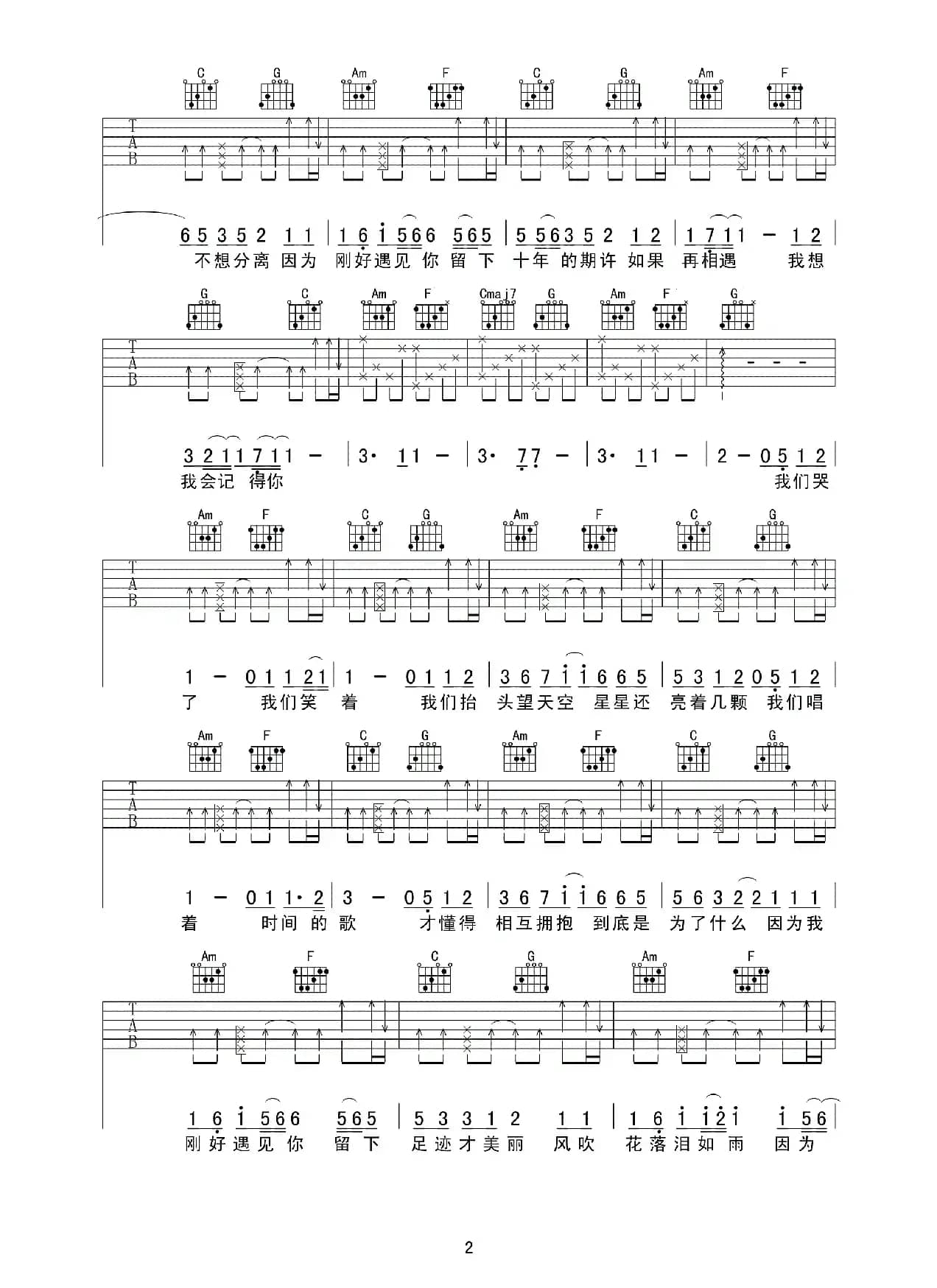 刚好遇见你（吉他六线谱）