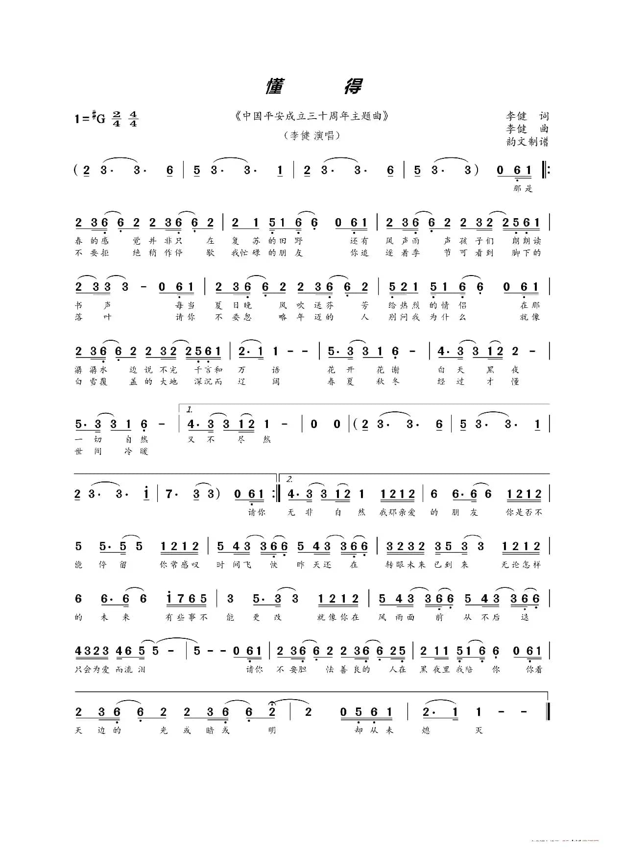 懂得（李健 词曲）