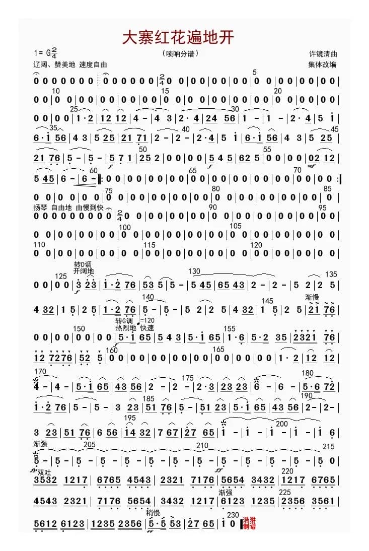 大寨红花遍地开（唢吶分谱）