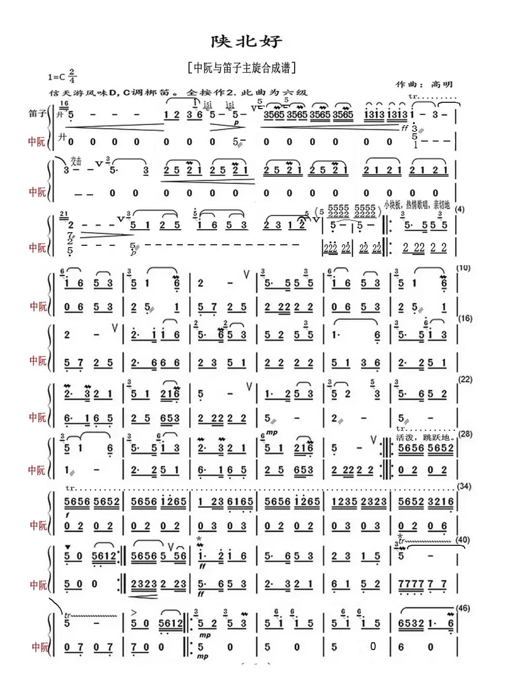 陕北好（中阮与笛子主旋合成谱）