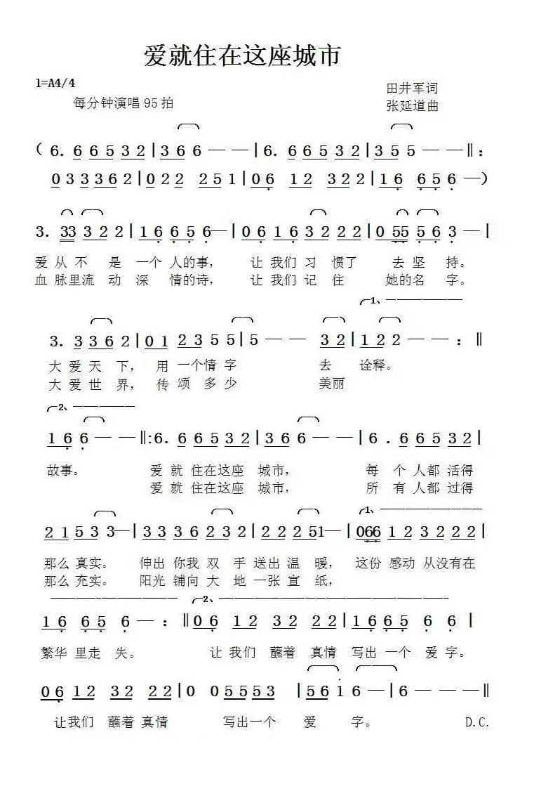 爱就住在这座城市（田井军词张延道曲）