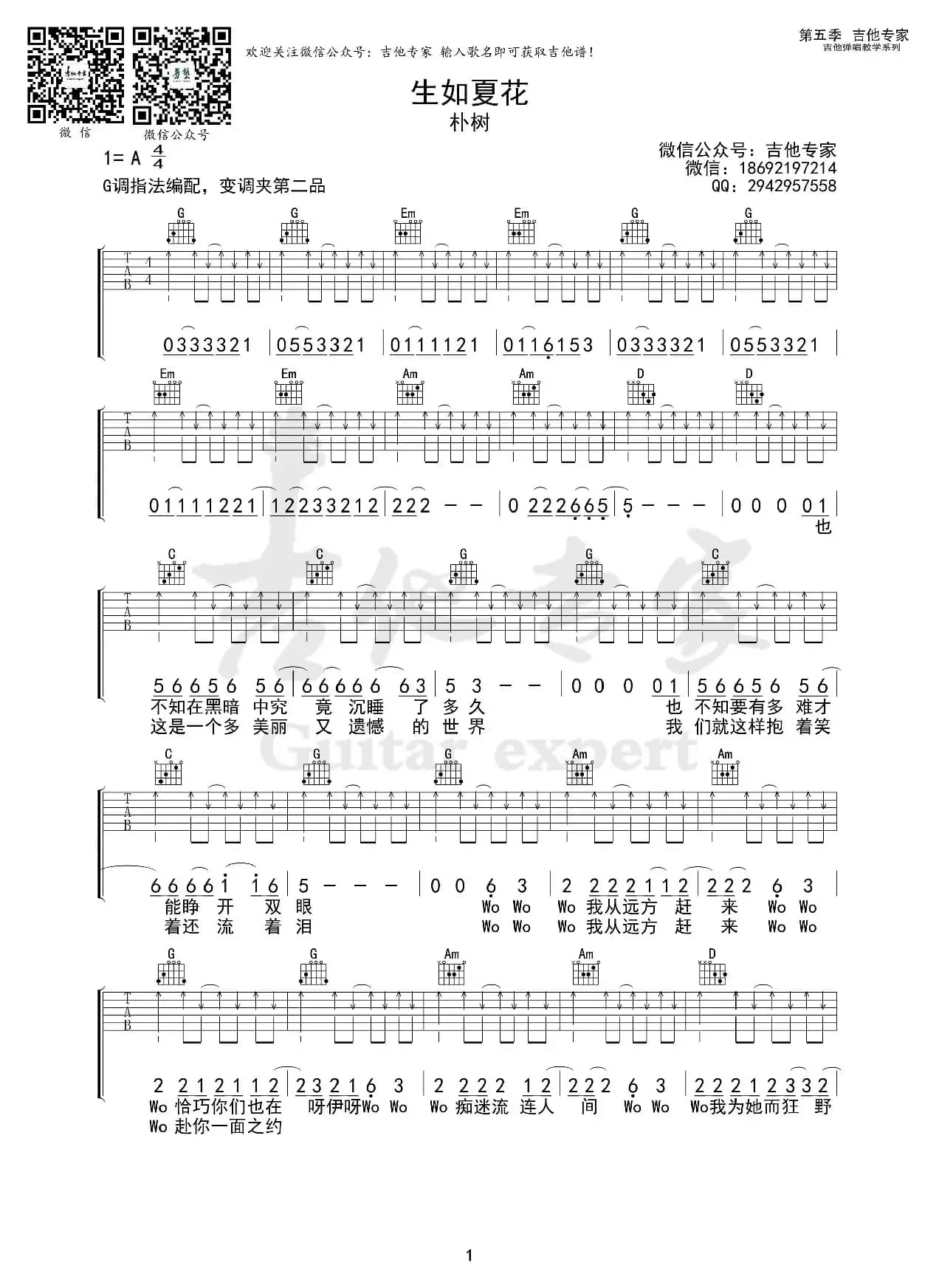 生如夏花（免费吉他谱）