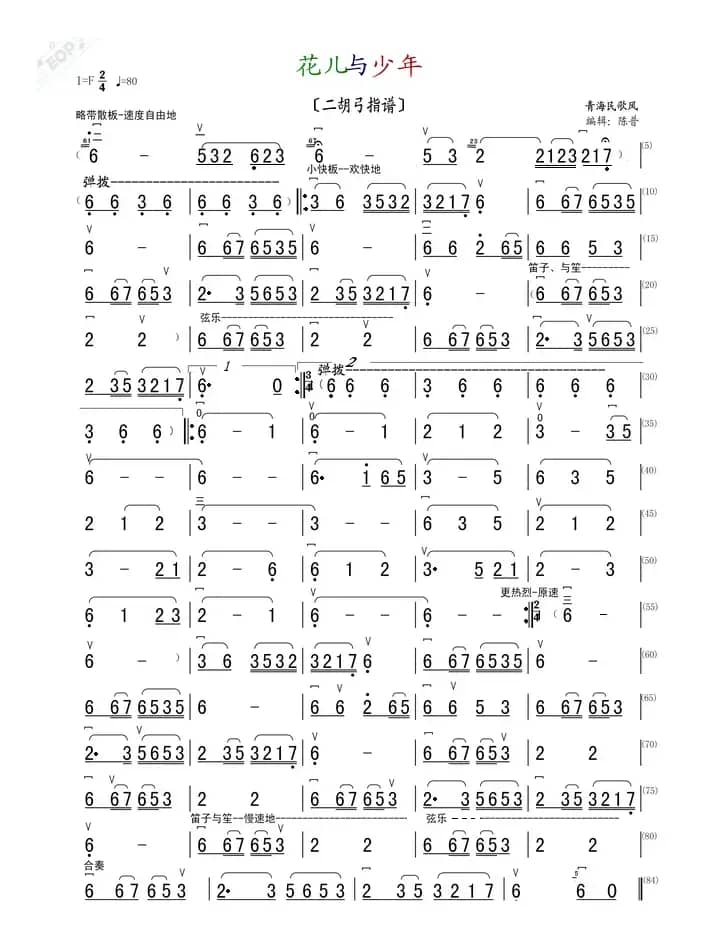 花儿与少年（二胡弓指谱）