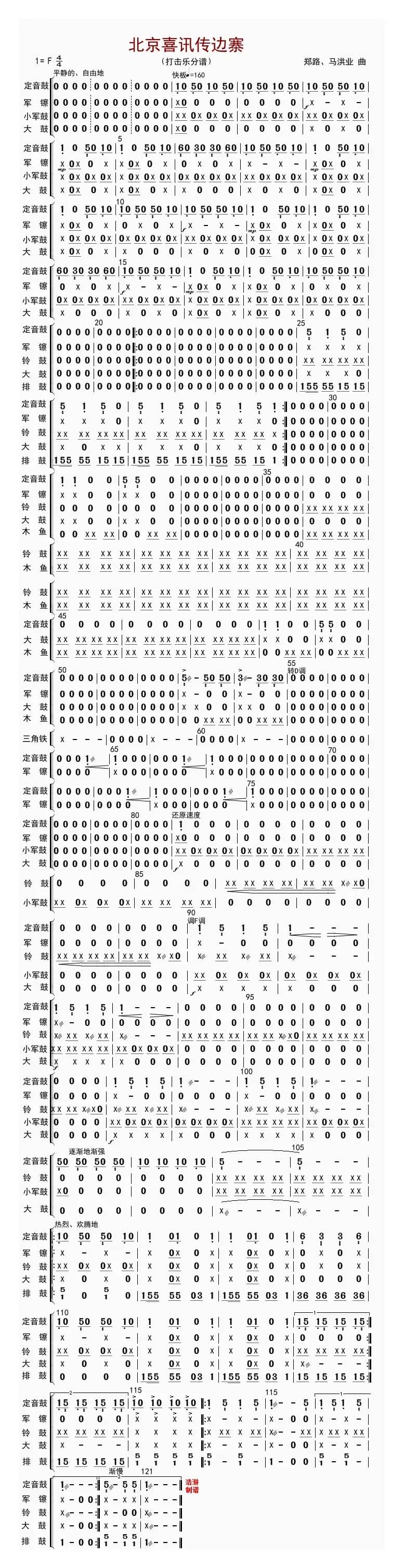 北京喜讯到边寨（打击乐分谱）