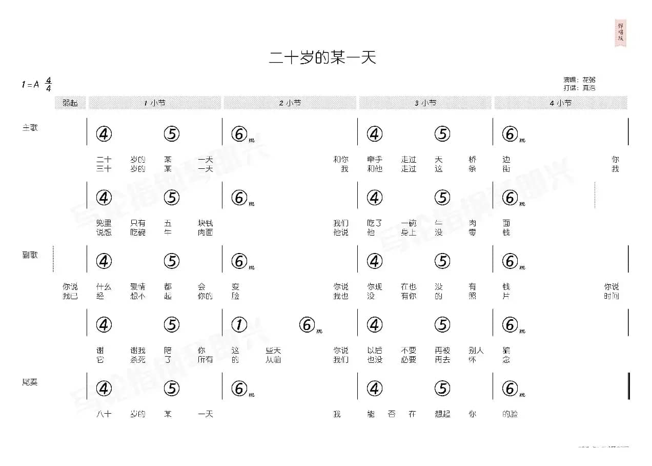 二十岁的某一天（简和谱）