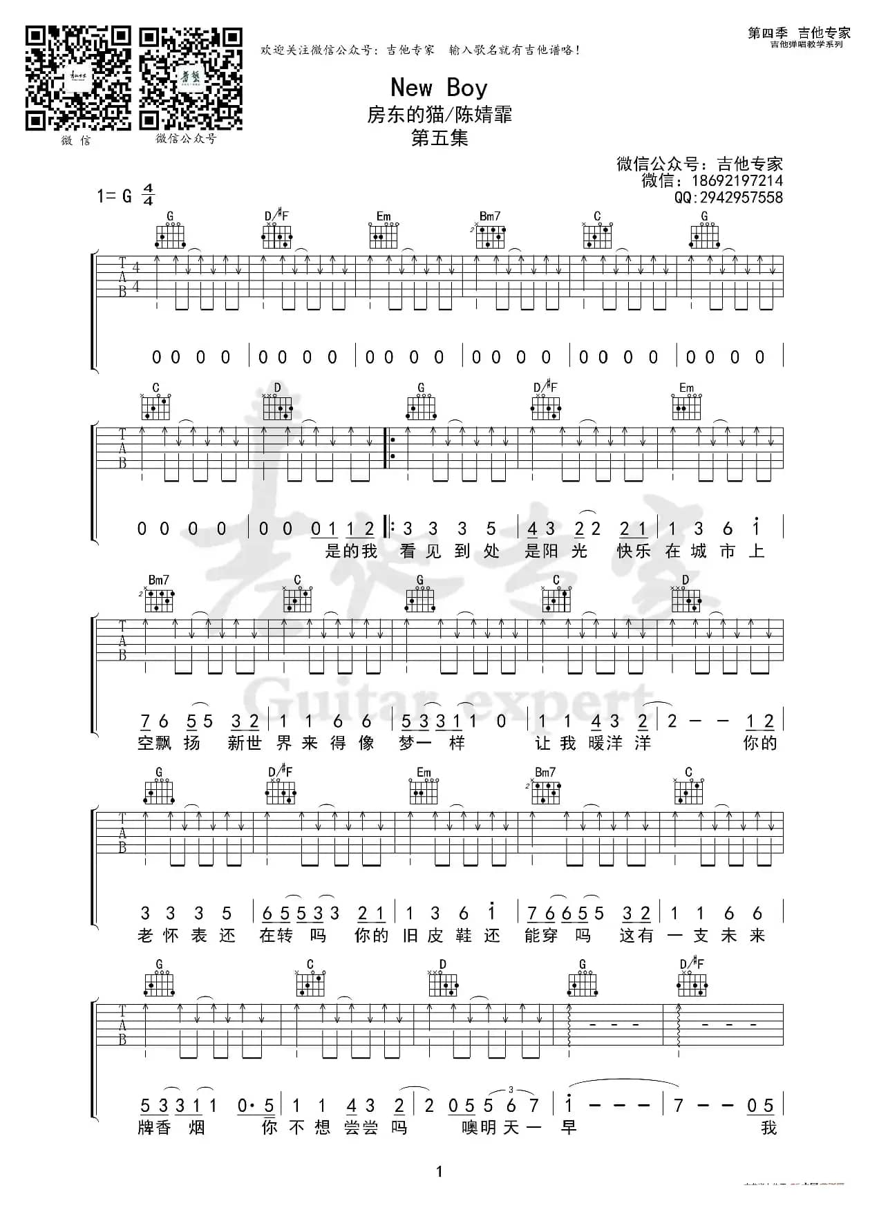 new boy（房东的猫吉他谱）