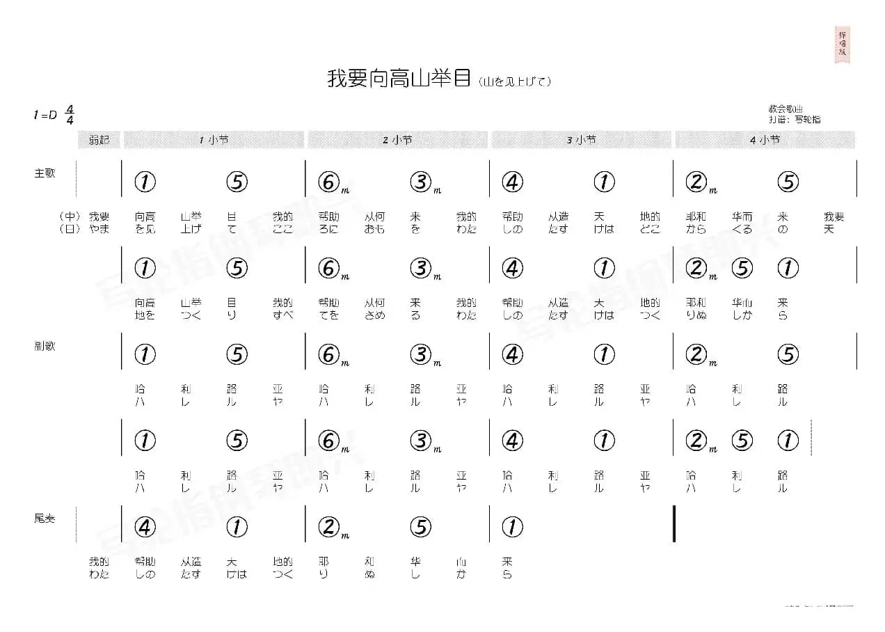 我要向高山举目（简和谱）