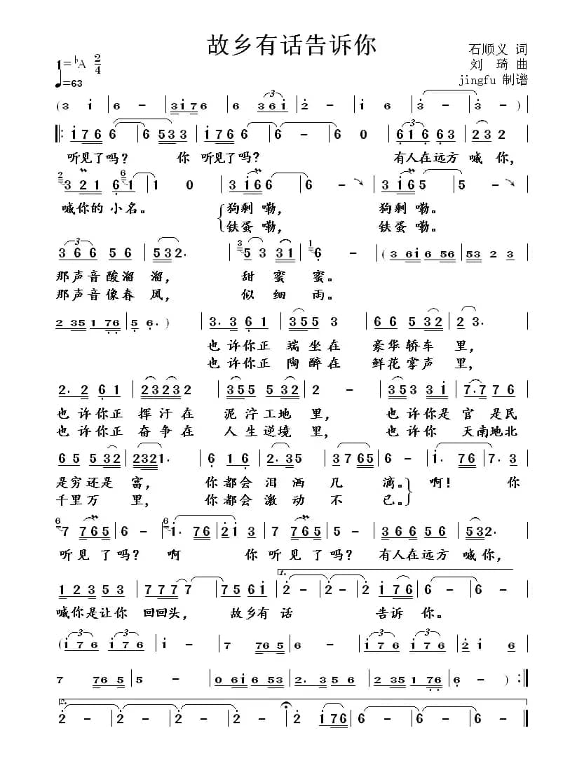 故乡有话告诉你(石顺义词 刘琦曲)