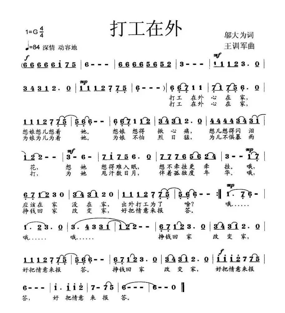 打工在外（邬大为词 王训军曲）