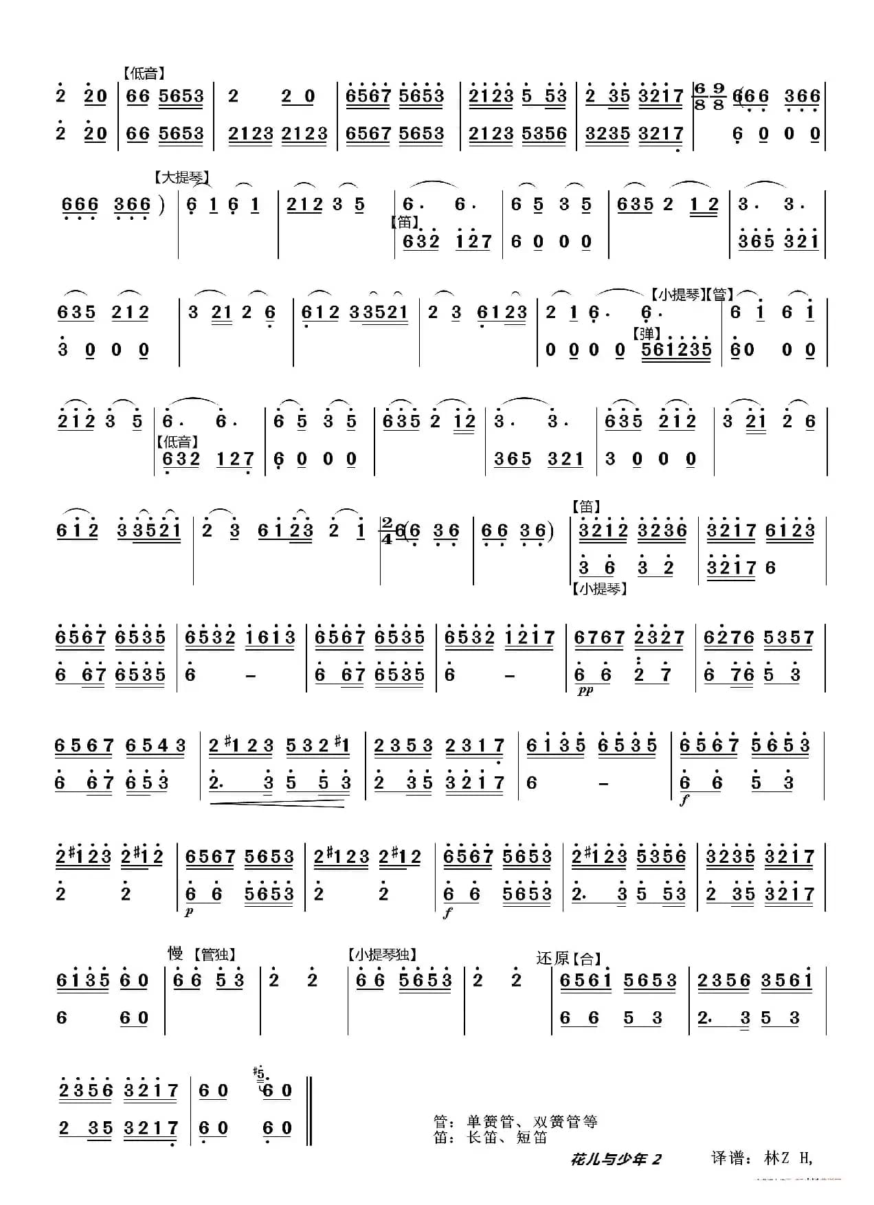 花儿与少年（器乐合奏主旋律谱）