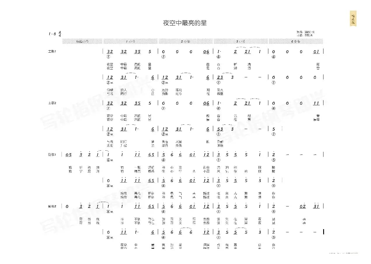 夜空中最亮的星（简和谱）