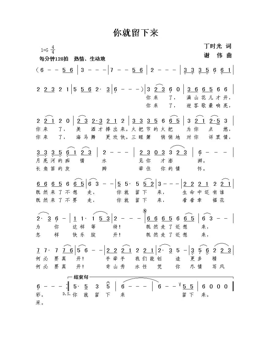 你就留下来（丁时光词  谢伟曲）