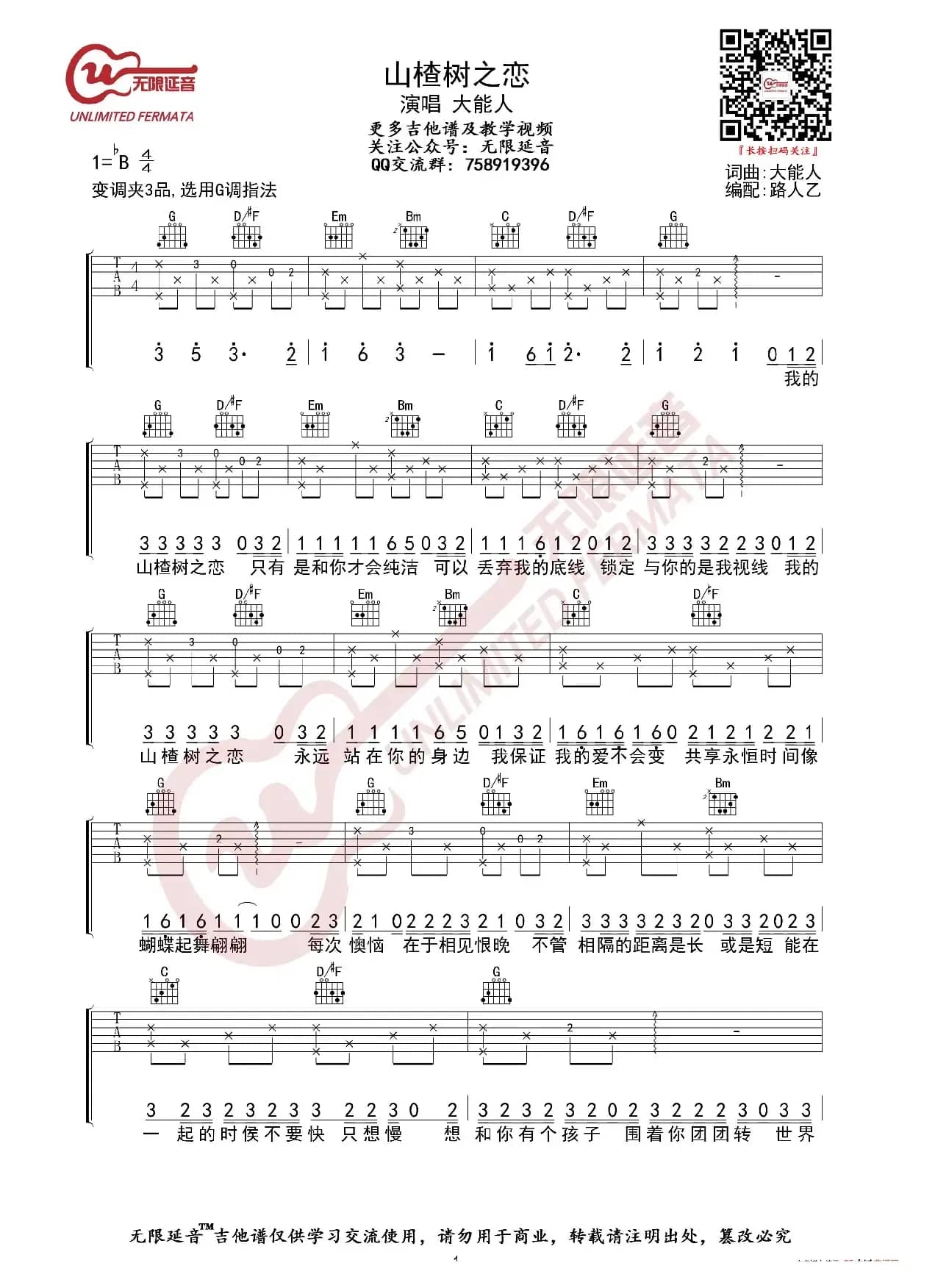 大能人 山楂树之恋 吉他谱（无限延音编配）