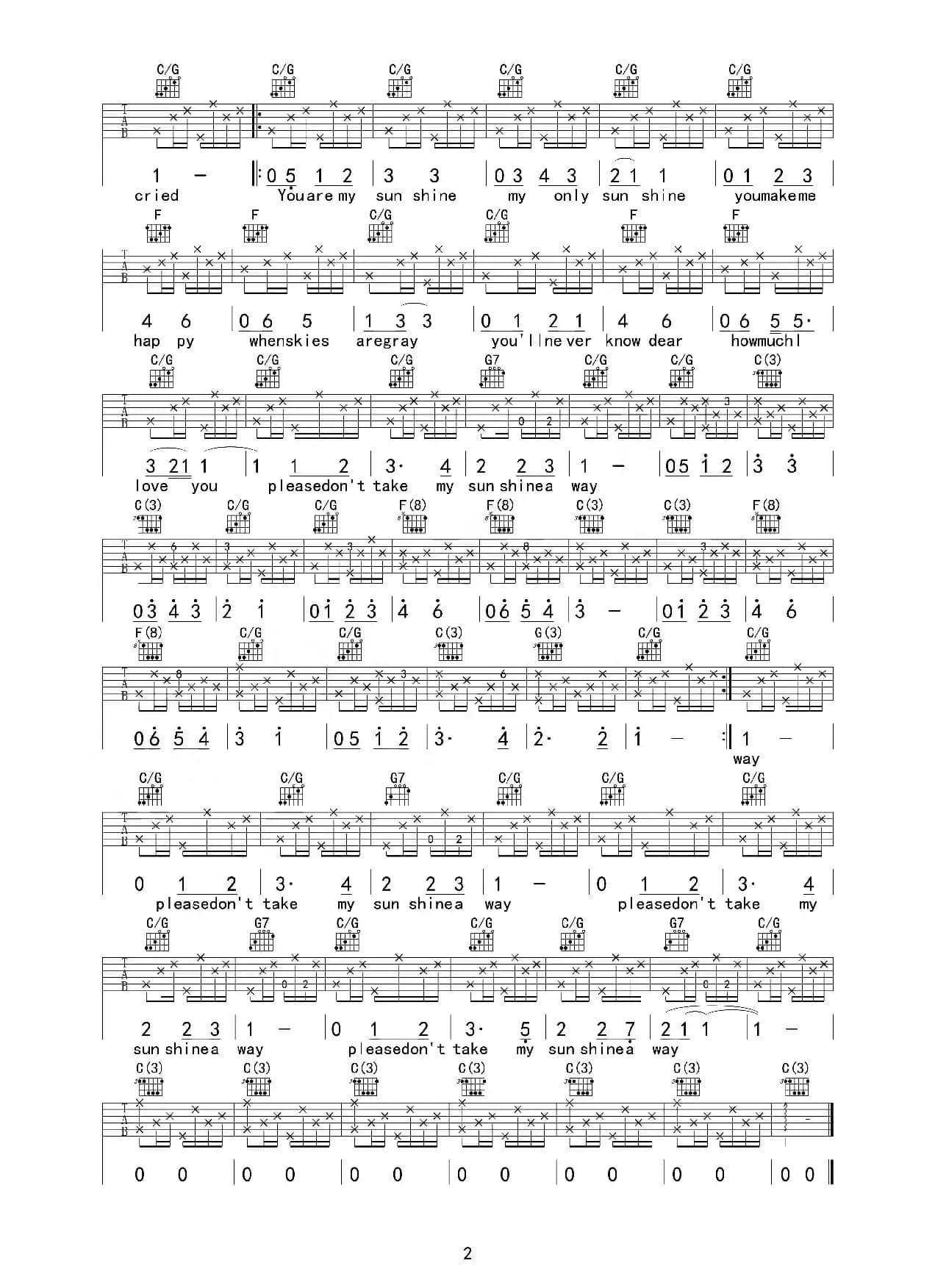 You are my sunshine（吉他六线谱）
