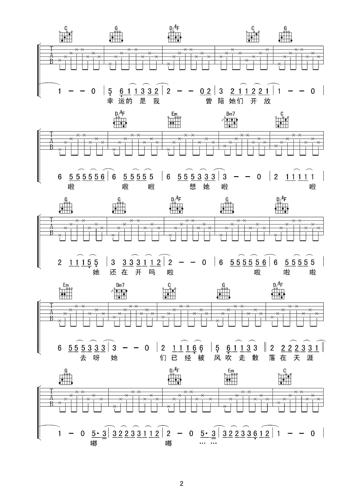 那些花儿（吉他六线谱）