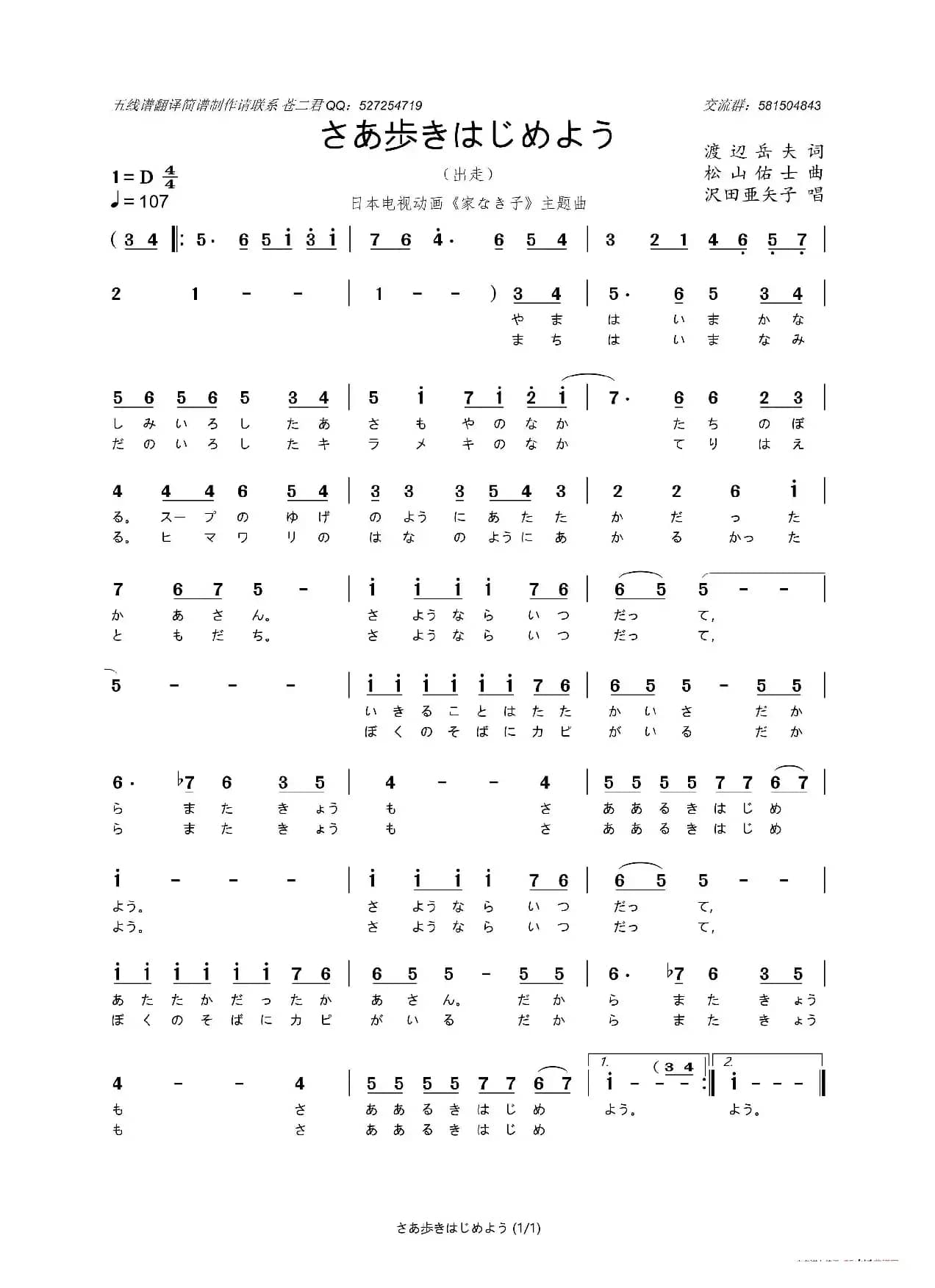 [日]さあ歩きはじめよう（日本电视动画《家なき子》主题曲）