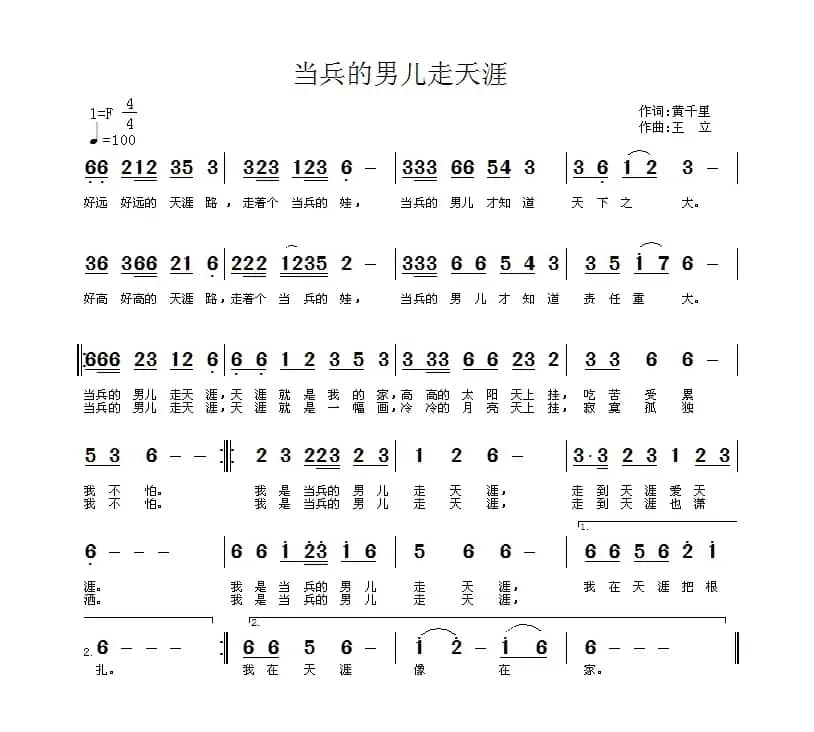 当兵的男儿走天涯（黄千里词 王立曲）