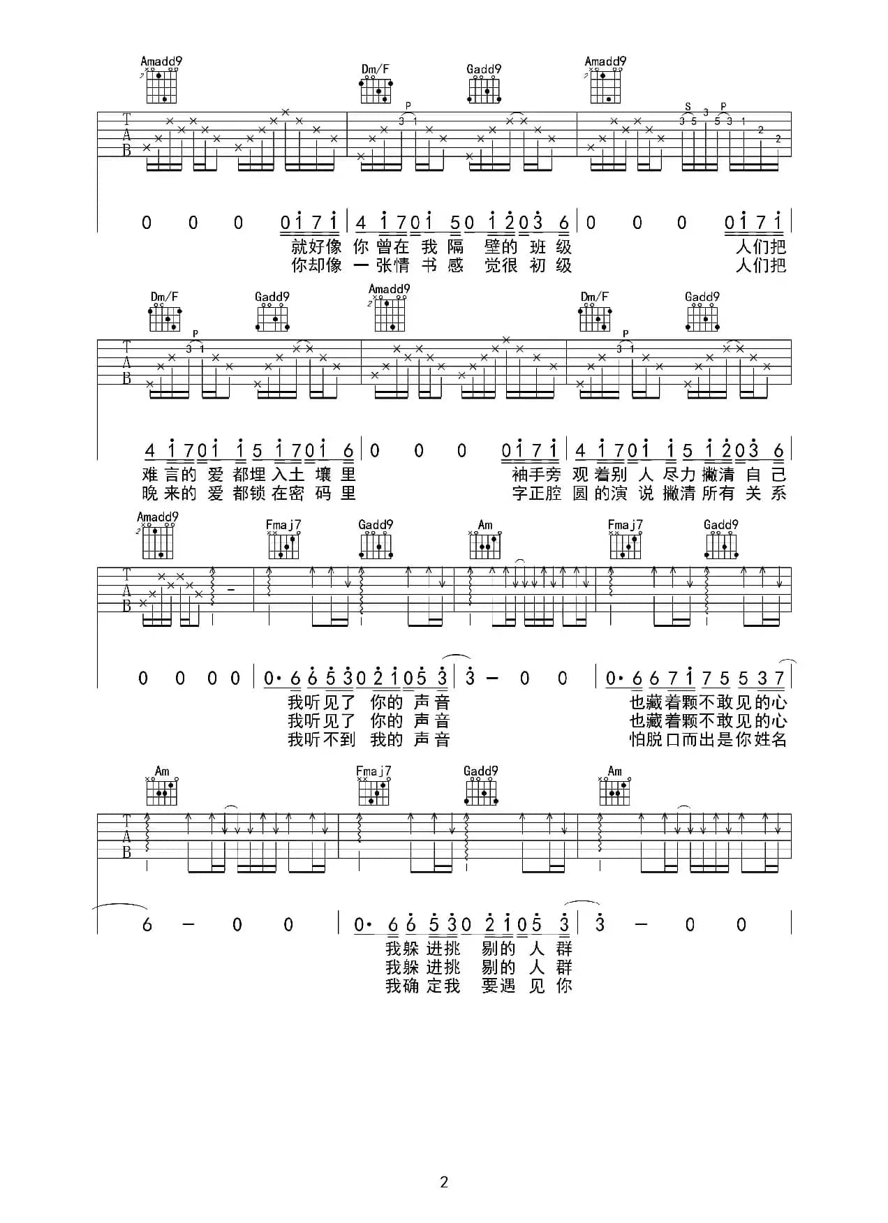 我好像在哪见过你（吉他六线谱）