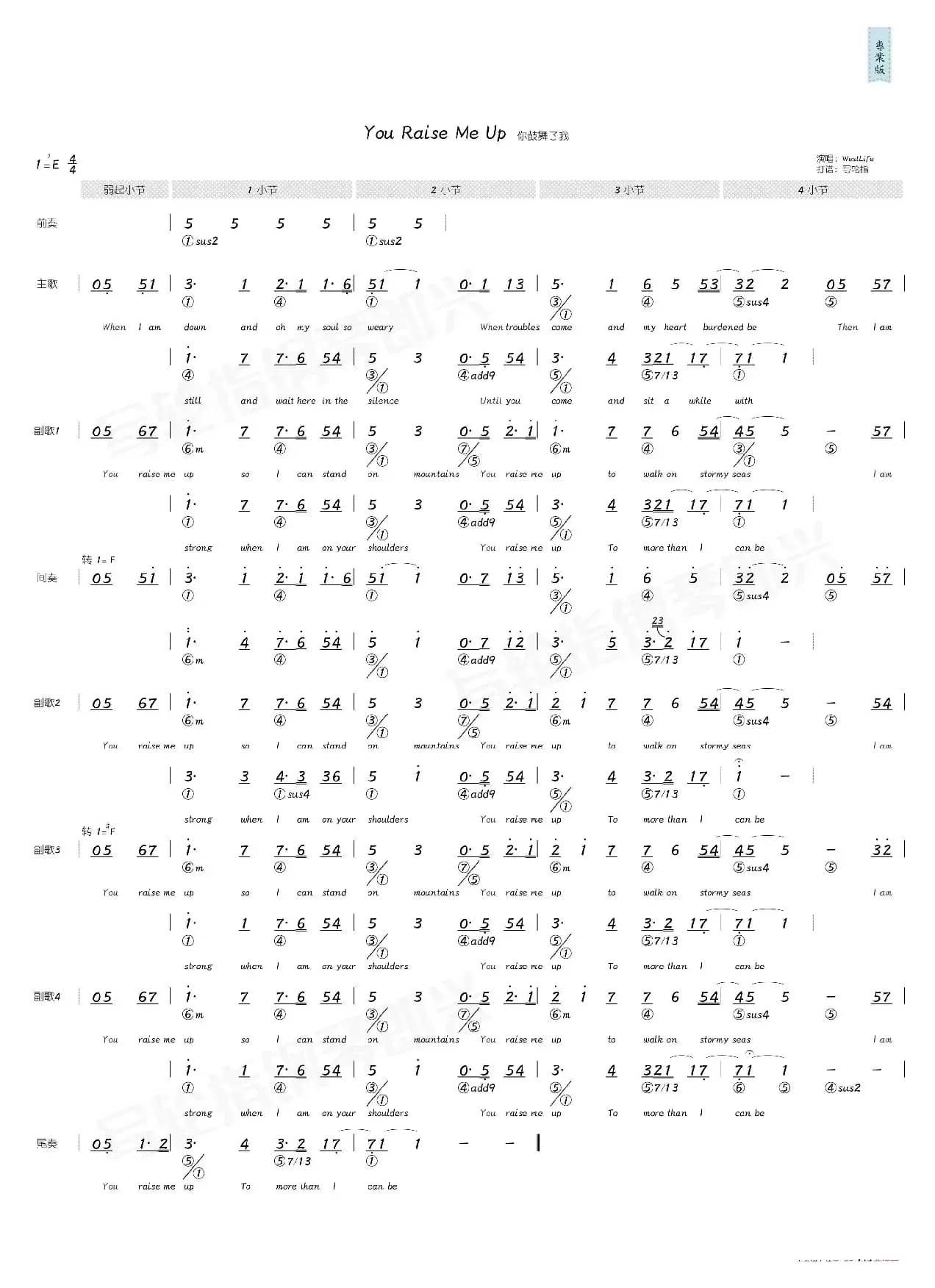 You Raise Me Up（简和谱）